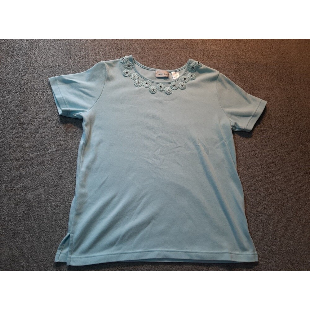 Madison Taylor Woman Top Small S Short Sleeve Light Blue Floral trim Shirt